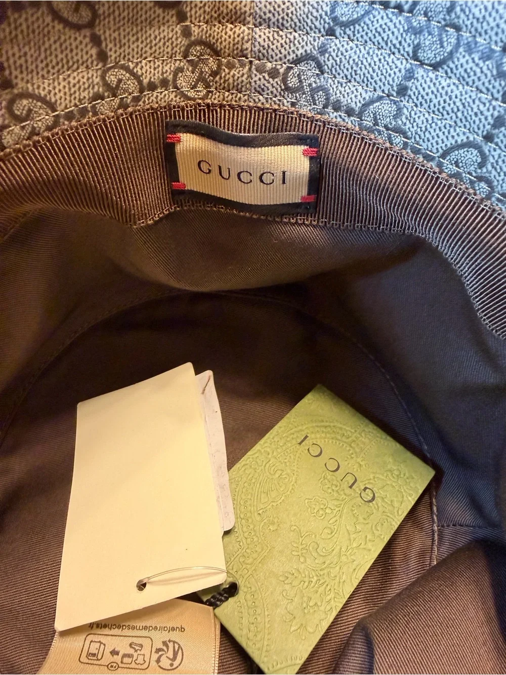 New Authentic Gucci GG Supreme Logo Leather Bucket Hat Tan Brown Size L